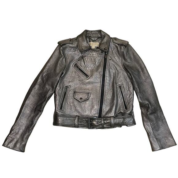 Michael Kors Metallic Silver Leather Jacket | Womens M, Moto Style EUC MSRP $595 - Picture 1 of 12